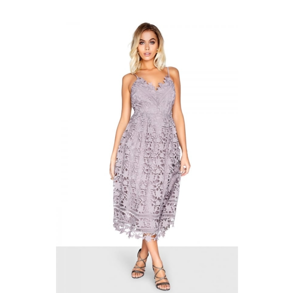 Little Mistress Oyster Scalloped Lace Midi Dress Dusty Lavender